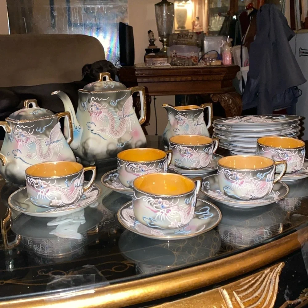 Vintage 21pc Moriyama Dragonwear hand painted Tea Set Japan Blue Bead Eyes
